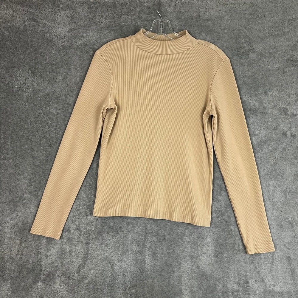 Pact Organic Cotton Ribbed‎ Mock Neck Long Sleeve Top Camel Tan Large L